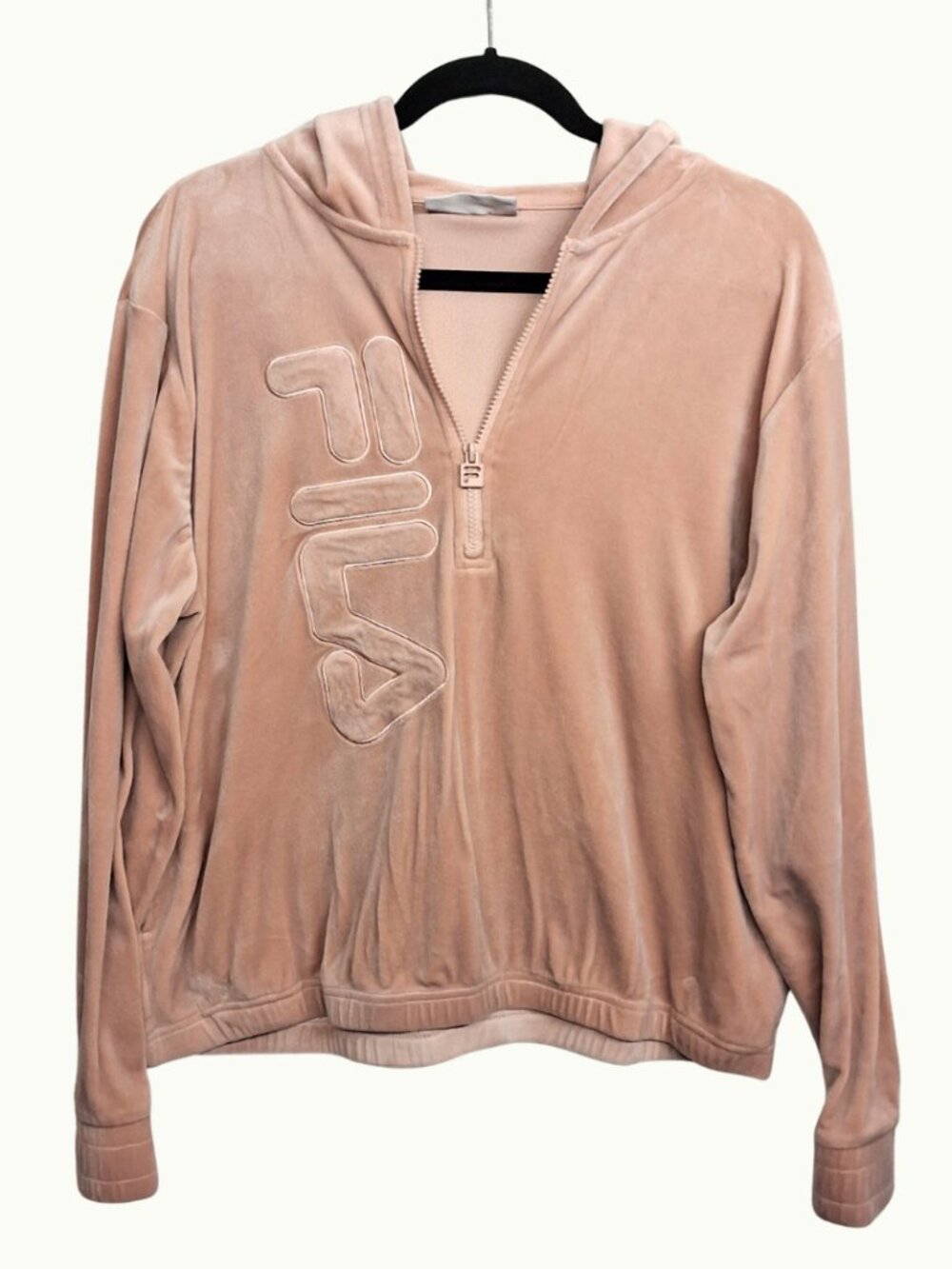 FILA Blush Pink Velour Half Zip Hoodie Sweater Long Sleeve Logo XLarge